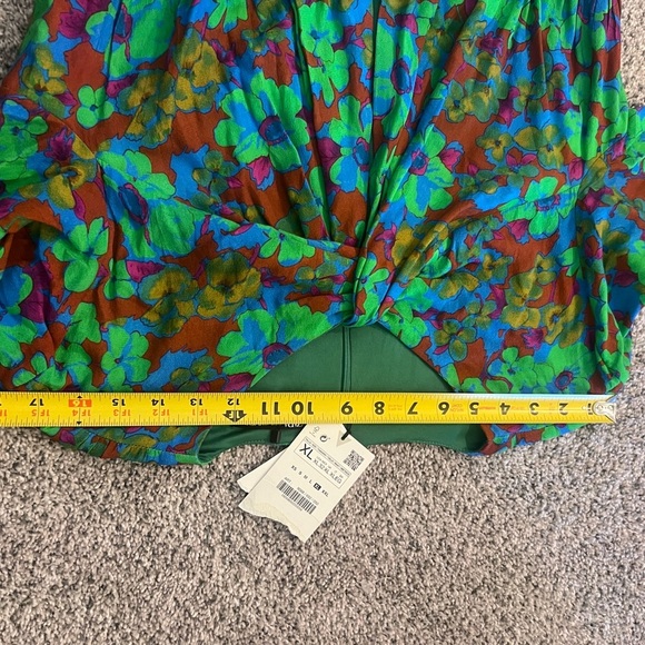 NWT! Zara Green Blue Floral Multicolored Draped Front Top Slit  Mini Dress XL - Picture 7 of 13